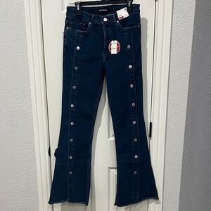 Express Dark Blue Flare Jeans with Button Accents